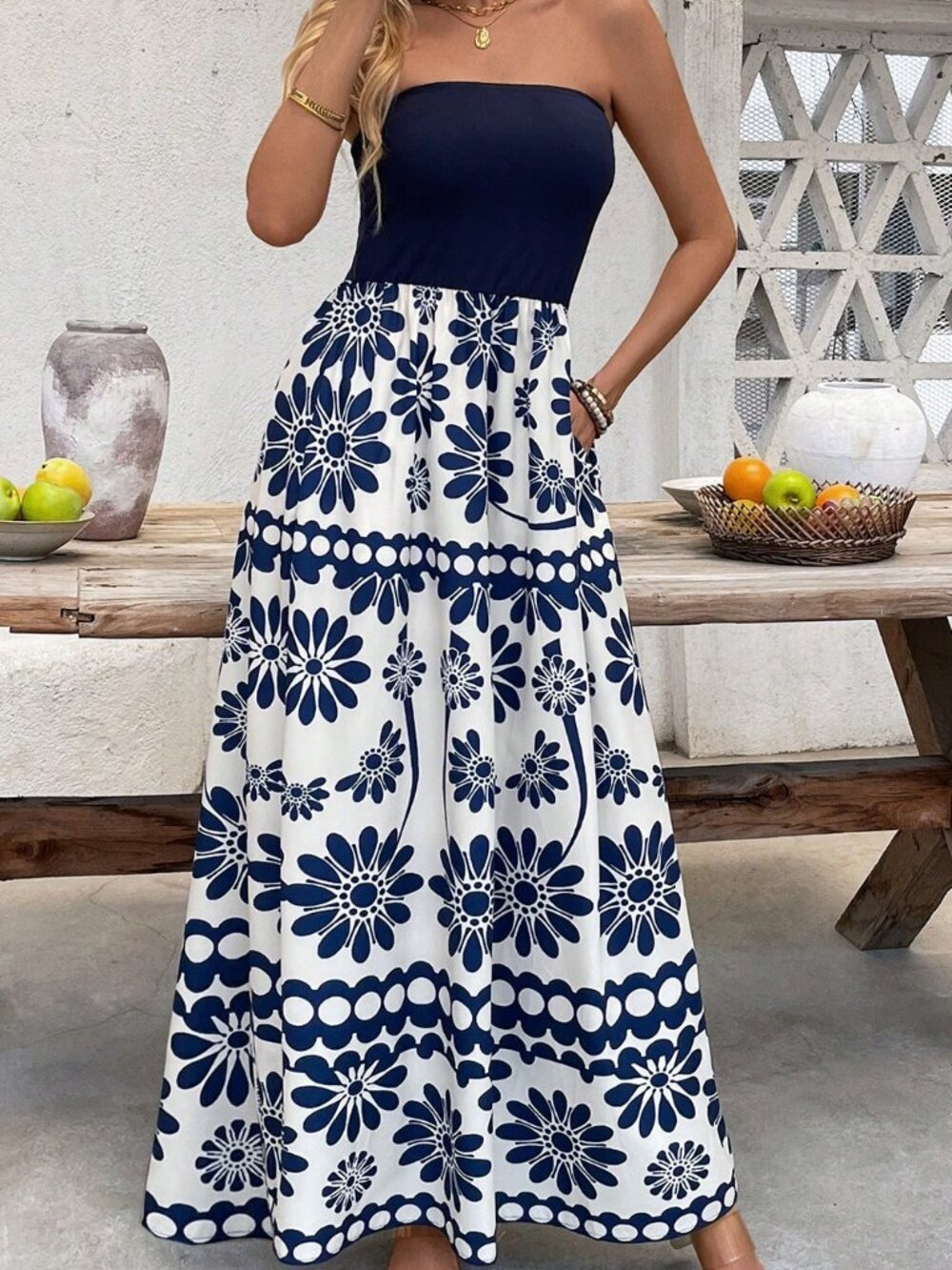 Blue Boho Women's Strapless Long Floral Dress - Picture 1 of 7